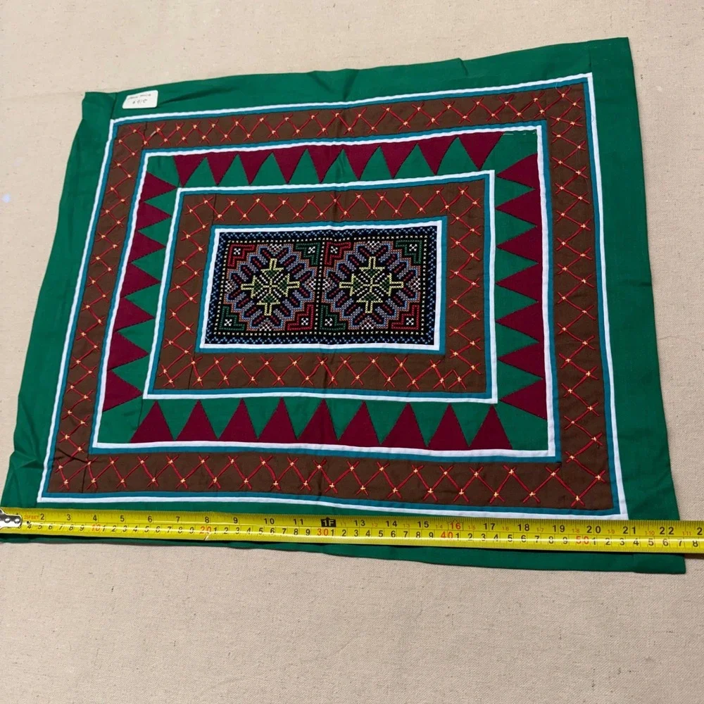 Hmong Paj Ntaub Hand Embroidered Textile Art Story Cloth Green Burgundy 23x18